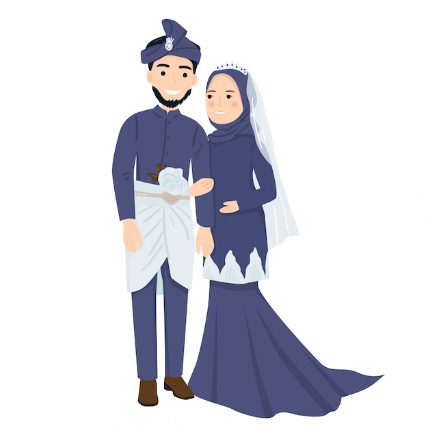 プレミアムベクター マレーシアのウェディングドレスのイラストでかわいいイスラム教徒のカップル