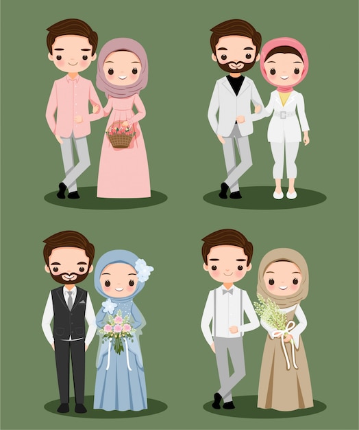 premium vector cute muslim couple wearing hijab cartoon character for wedding https www freepik com profile preagreement getstarted 7288522