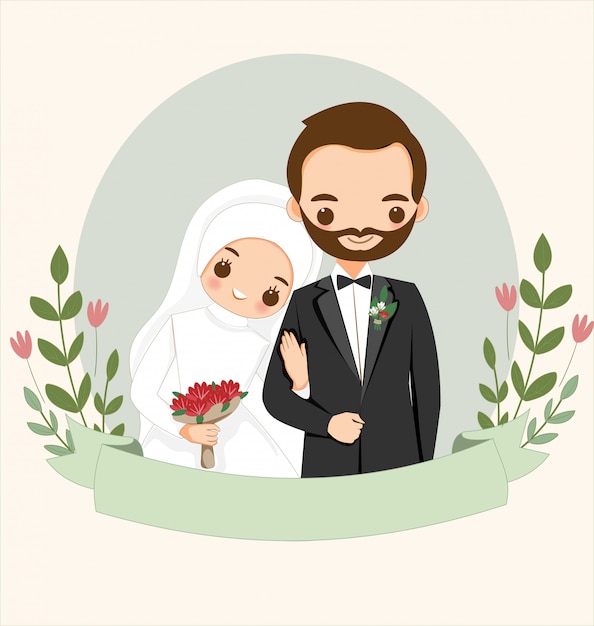 premium vector cute muslim couple with flower for wedding invitation card https www freepik com profile preagreement getstarted 6298633