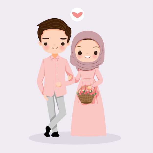 Cute muslim couple  with flower Premium Vector