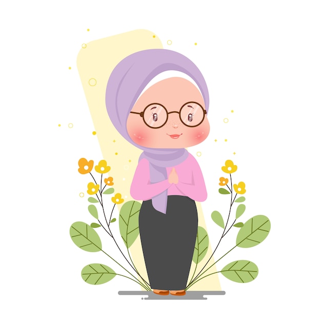 かわいいイスラム教徒の少女植物の花ラマダンイラスト挨拶概念図 プレミアムベクター