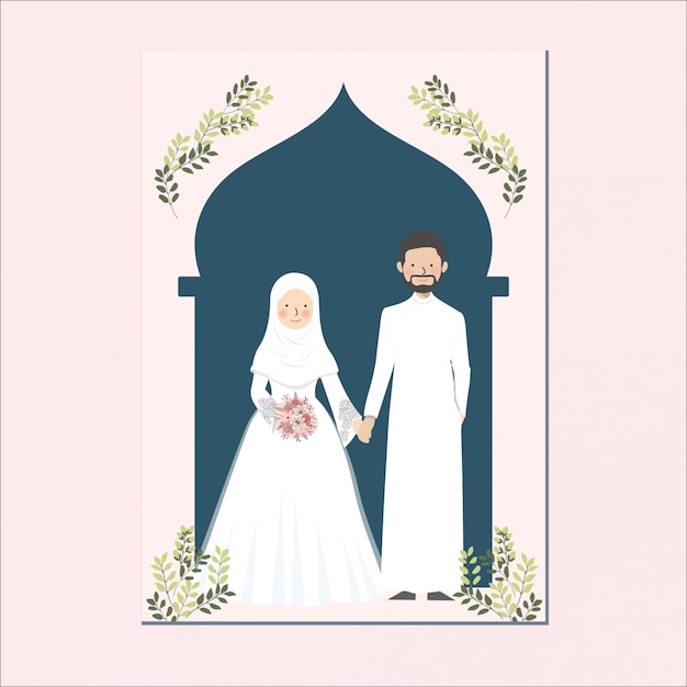 Cute muslim wedding couple portrait, invitation card template | Premium Vector