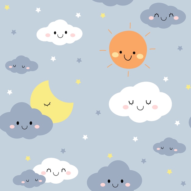Premium Vector Cute Night Sky Cloud Star Cartoon Doodle Seamless Pattern