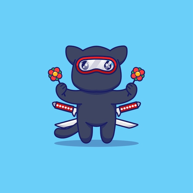 Premium Vector | Cute ninja cat carrying flowers