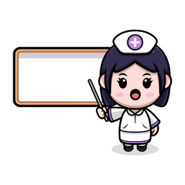 空白のホワイトボードとかわいい看護師かわいい漫画のキャラクターイラスト プレミアムベクター