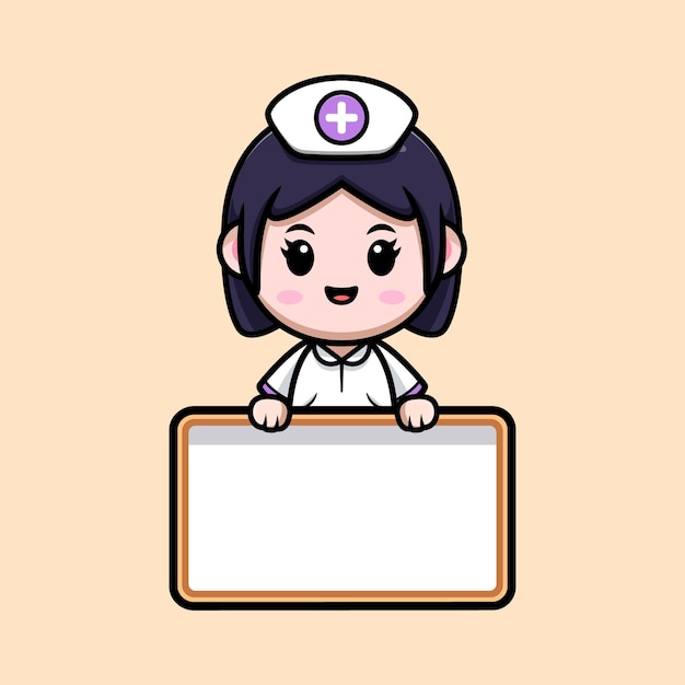 空白のホワイトボードとかわいい看護師かわいい漫画のキャラクターイラスト プレミアムベクター