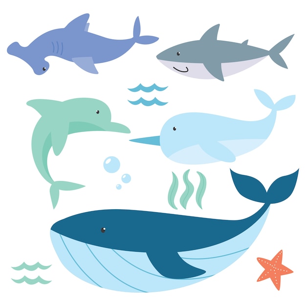 Download Cute ocean animal set cartoon series Vector | Premium Download