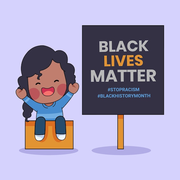 背景にブラック ライヴズ マターという言葉が書かれた抗議バナーの横に座っているかわいい人 黒人歴史月間のイラスト プレミアムベクター