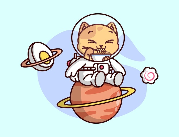 彼の宇宙飛行士のスーツのかわいいイラストでラーメンを食べるかわいいオレンジ色の猫 プレミアムベクター