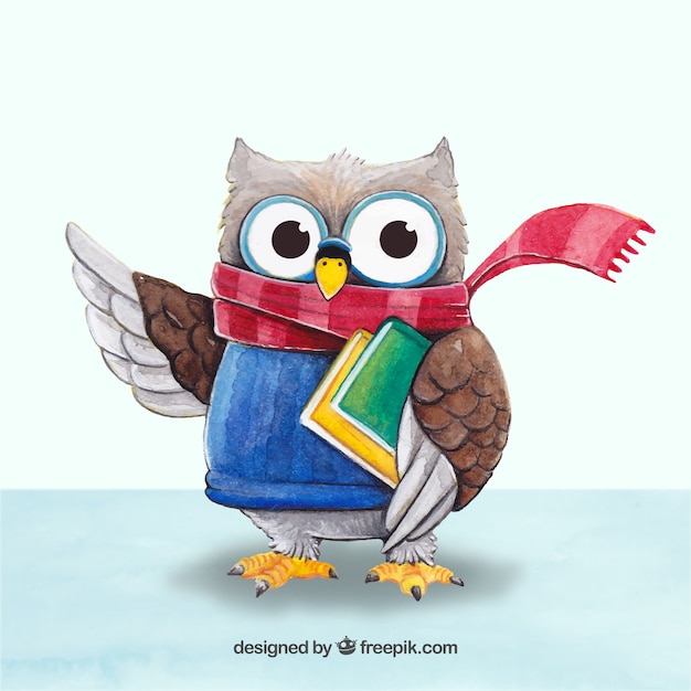 Cute owl with scarf and books Free Vector