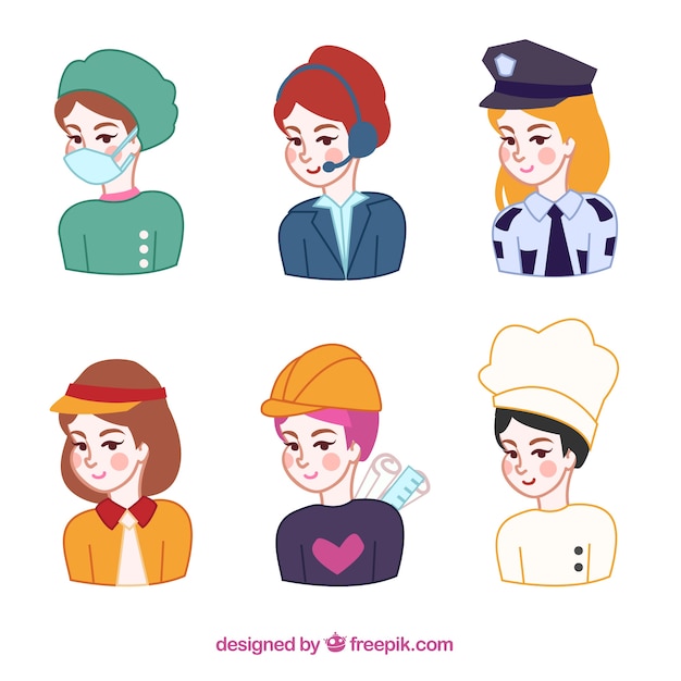 Download Cute pack of hand drawn female avatars Vector | Free Download