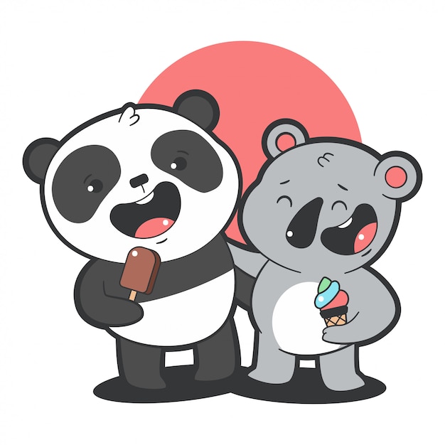 かわいいパンダとコアラは 白い背景で隔離のアイスクリーム漫画イラストを食べます プレミアムベクター