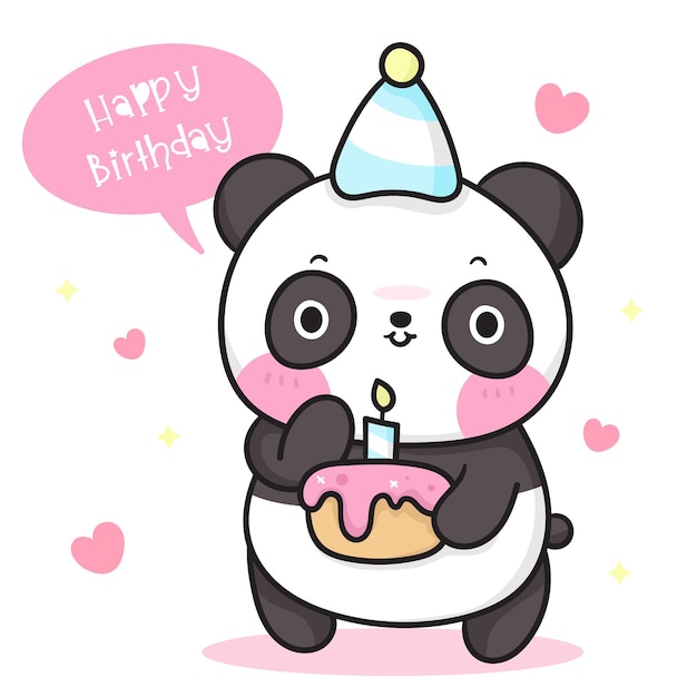 Premium Vector | Cute panda bear cartoon holding birthday cake kawaii ...