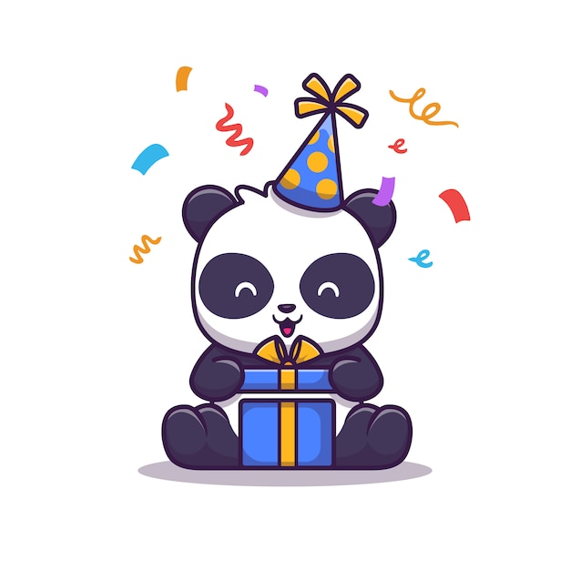 かわいいパンダの誕生日のラップトップのイラスト 動物とギフトテクノロジー フラット漫画スタイル プレミアムベクター