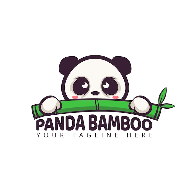 かわいいパンダ漫画のキャラクターロゴと竹の葉 プレミアムベクター