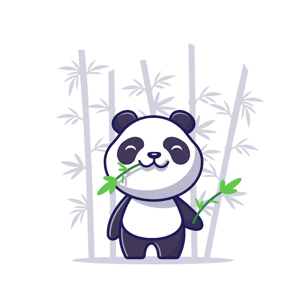 かわいいパンダは竹漫画アイコンイラストを食べる 分離された動物アイコンコンセプト フラット漫画スタイル プレミアムベクター