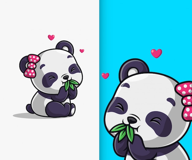 かわいいパンダが笹の葉のアイコンイラストを食べます パンダのマスコットの漫画のキャラクター プレミアムベクター