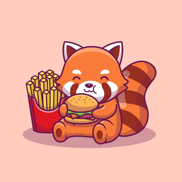かわいいパンダ食べるハンバーガーとフレンチフライドアイコンイラスト 分離された動物性食品アイコンコンセプト フラット漫画スタイル プレミアムベクター