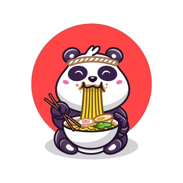 かわいいパンダ食べるラーメン麺漫画ベクトルイラスト 動物性食品コンセプト分離ベクトル フラット漫画スタイル プレミアムベクター