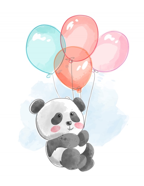 Cute panda flying with balloons | Premium Vector