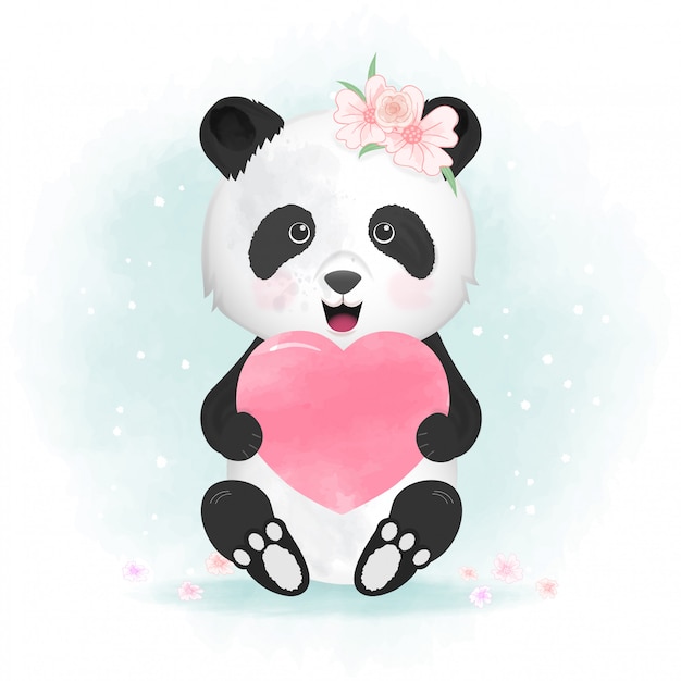 Premium Vector | Cute panda and heart hand drawn illustration