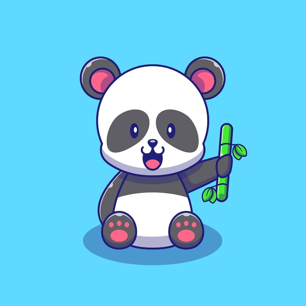 竹のイラストを保持しているかわいいパンダ パンダマスコット漫画のキャラクター動物アイコンの概念が分離されました プレミアムベクター