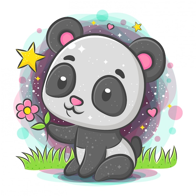 Download Cute panda sitting and holding flower | Premium Vector