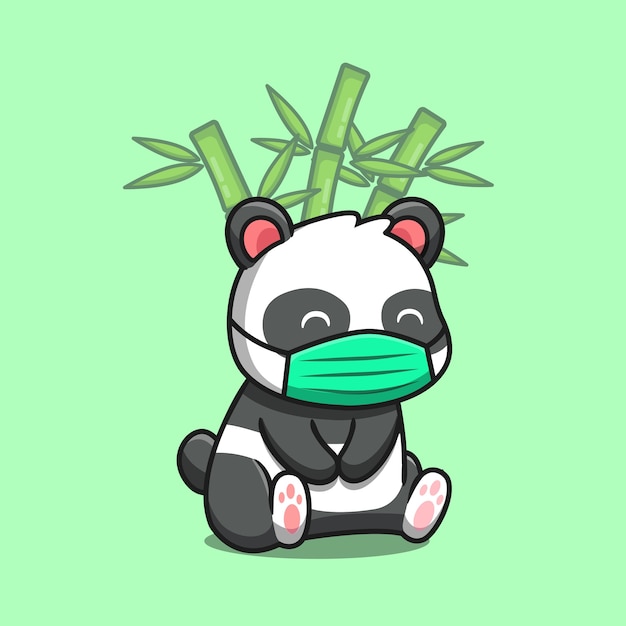 Free Vector Cute Panda Sitting And Wearing Mask With Bamboo Cartoon Vector Illustration Animal Nature Concept Isolated Premium Vector Flat Cartoon Style