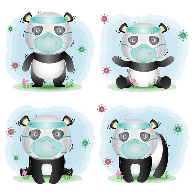 Premium Vector | Cute panda using face shield and mask collection