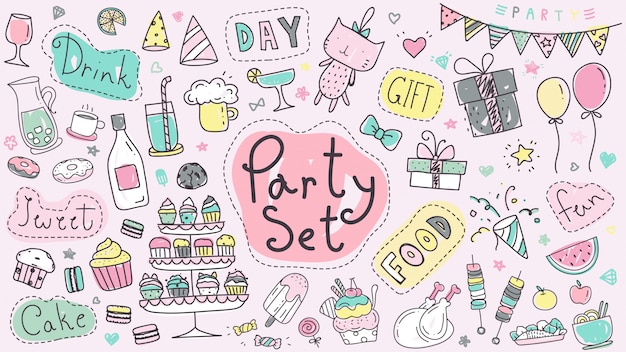 Premium Vector Cute Party Set Hand Drawn Doodle In Pastel Color