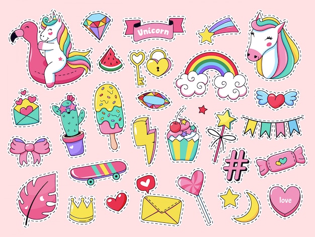 かわいいパッチバッジ 魔法のファッション落書きパッチ おとぎ話のピンクの虹のユニコーン アイスクリーム 甘いお菓子のイラストアイコンセット 漫画の女の子のステッカー 妖精動物ユニコーンアイスクリーム プレミアムベクター