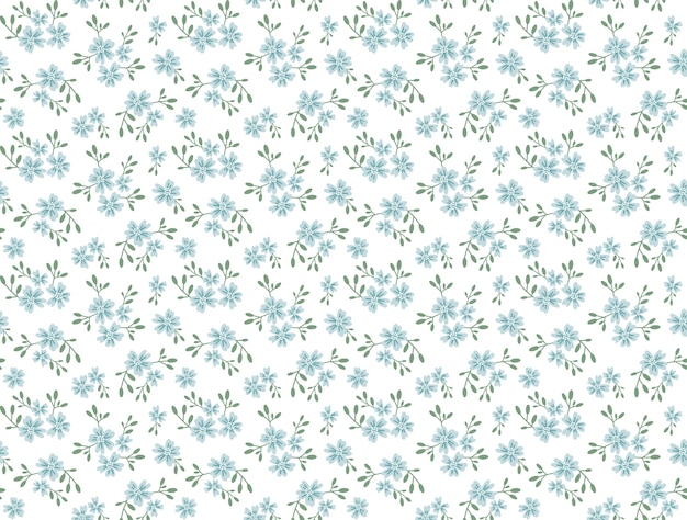 小さな花のかわいいパターン 小さな青い花 白色の背景 小さなかわいいシンプルな春の花 シームレスな花柄 プレミアムベクター
