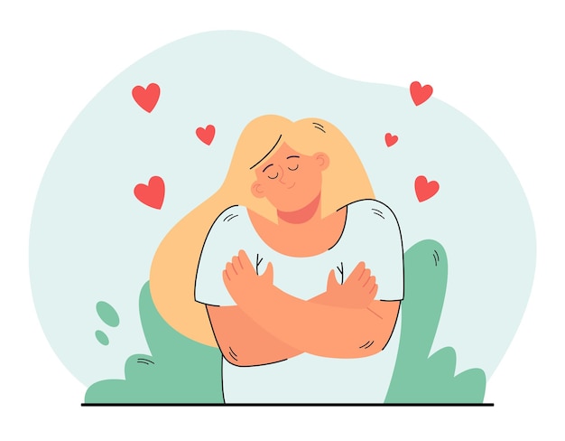 Cute peaceful woman hugging her shoulders flat illustration Free Vector