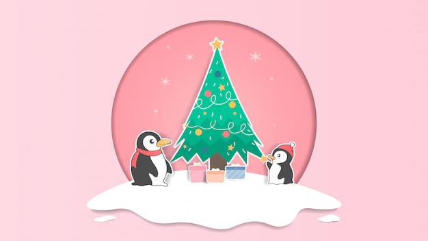 かわいいペンギンとクリスマスツリーパステルクリスマスイラスト プレミアムベクター