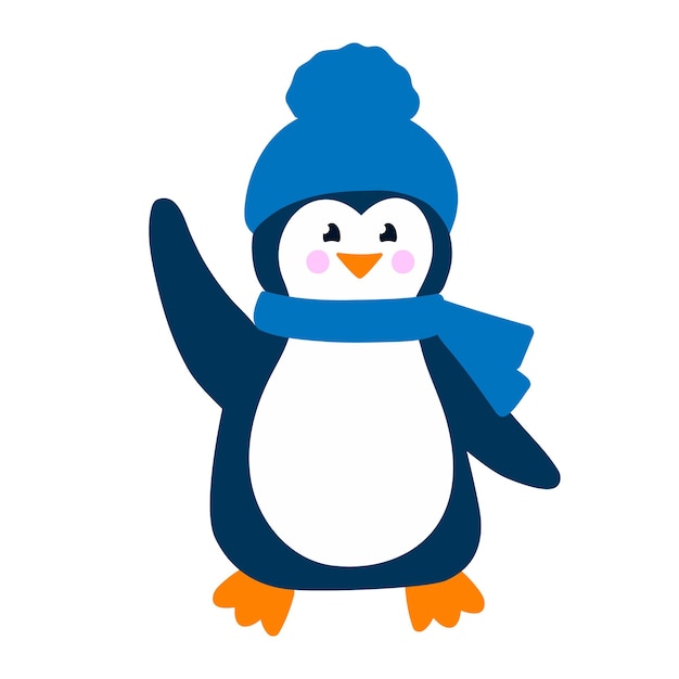 Premium Vector | Cute penguin in blue hat and scarf smiles and waves ...