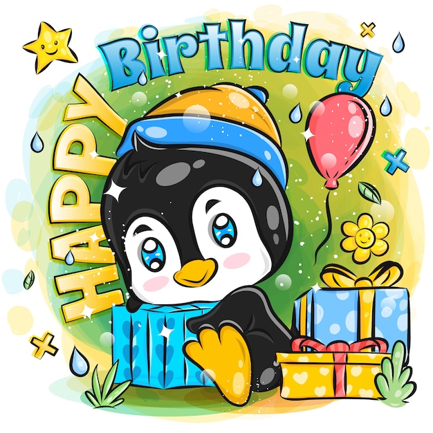 プレミアムベクター かわいいペンギンは誕生日プレゼントのイラストでお誕生日おめでとうを祝います