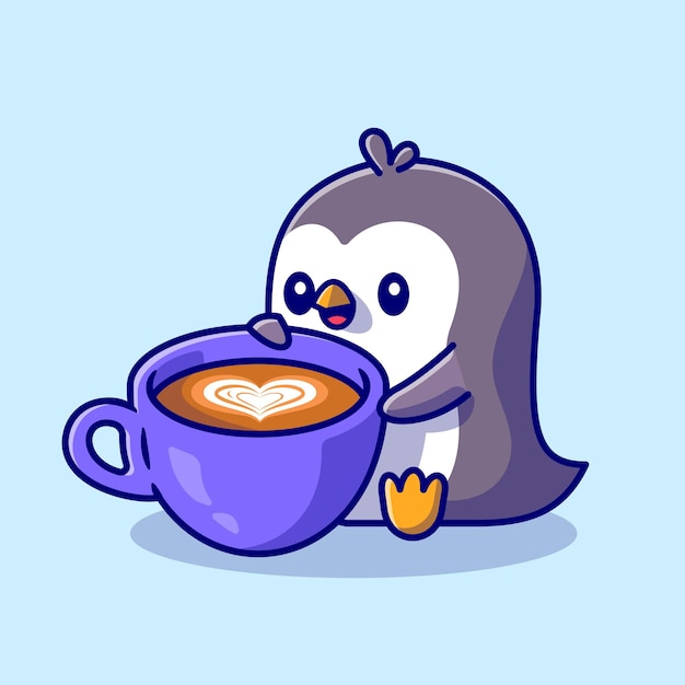 かわいいペンギン飲むコーヒー漫画アイコンイラスト プレミアムベクター