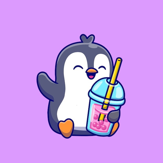 Premium Vector | Cute penguin drinking milk tea boba cartoon icon