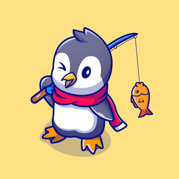 かわいいペンギン釣りの漫画のキャラクター 動物の性質が分離されました 無料のベクター