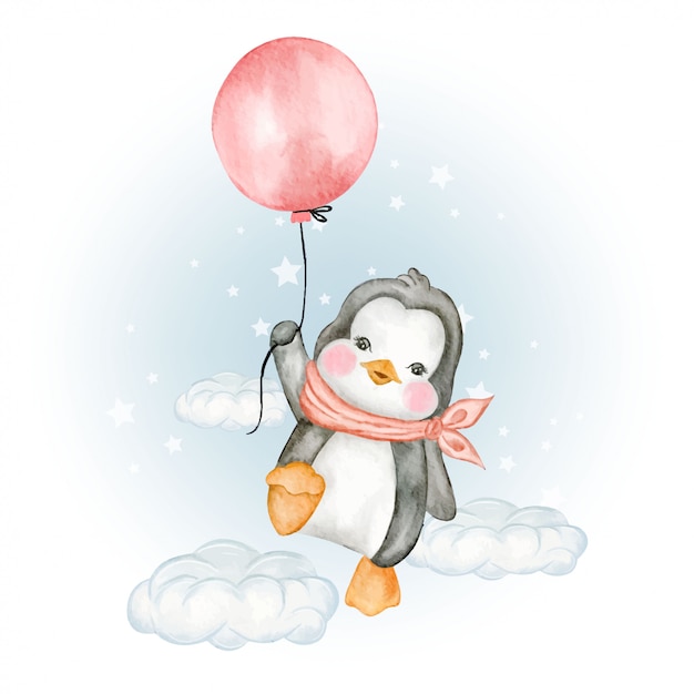 Premium Vector Cute Penguin Flying With Air Balloons