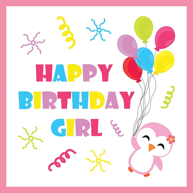 プレミアムベクター かわいいペンギンの女の子 誕生日の風船とベクトル漫画 誕生日のはがき 壁紙 グリーティングカード 子供のためのtシャツのデザイン