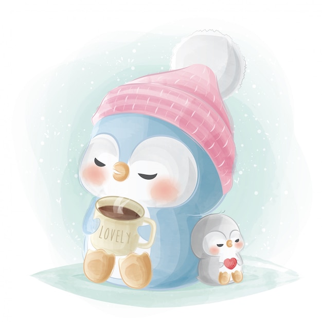 Cute penguin having a cup of hot chocolate Premium Vector