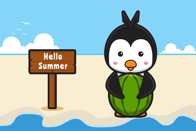 夏の挨拶バナー漫画アイコンイラストとスイカを保持しているかわいいペンギン プレミアムベクター