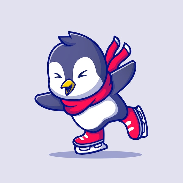 スカーフ漫画アイコンイラストかわいいペンギンアイススケート 動物のスポーツアイコンコンセプトプレミアム 漫画のスタイル プレミアムベクター