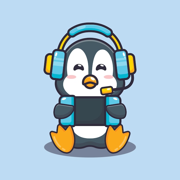 Premium Vector | Cute penguin playing a game cute cartoon animal ...