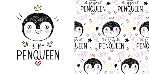 王冠のイラストとシームレスなパターンを持つかわいいペンギンの王女の女の子 プレミアムベクター