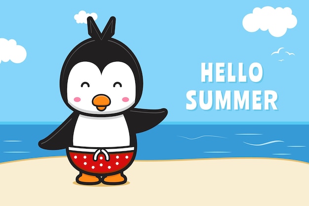 夏の挨拶バナー漫画アイコンイラストと手を振ってかわいいペンギン プレミアムベクター