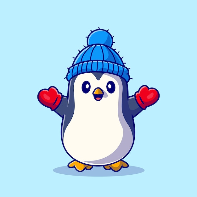 手袋と帽子を身に着けているかわいいペンギン漫画アイコンイラスト 分離された動物の冬のアイコンの概念 フラット漫画スタイル プレミアムベクター