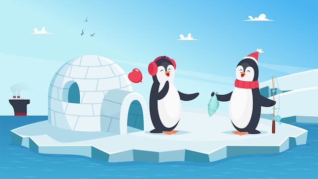 恋にかわいいペンギン クリスマスの冬の動物 魚のベクトルイラストと海の氷の上の漫画のペンギン 魚とペンギン 氷山の幸せな動物 プレミアムベクター