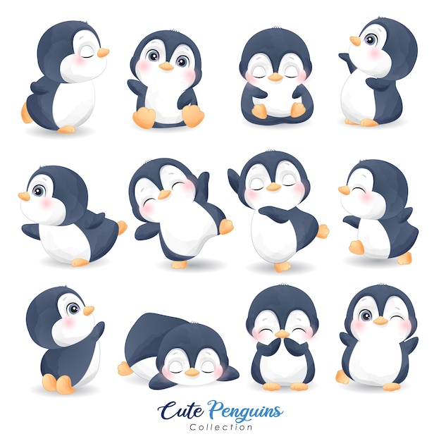 Premium Vector Cute Penguins Set For Christmas Day With Watercolor Illustration